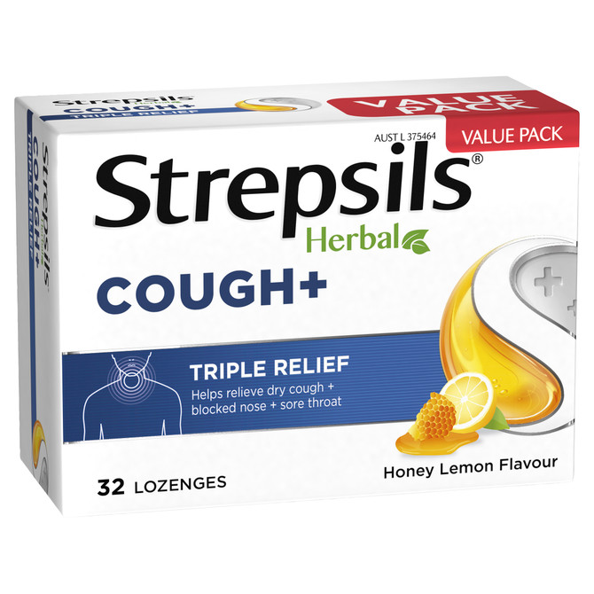 Strepsils Herbal Cough+ Triple Relief Value Pack Honey Lemon Flavour 32 Pack