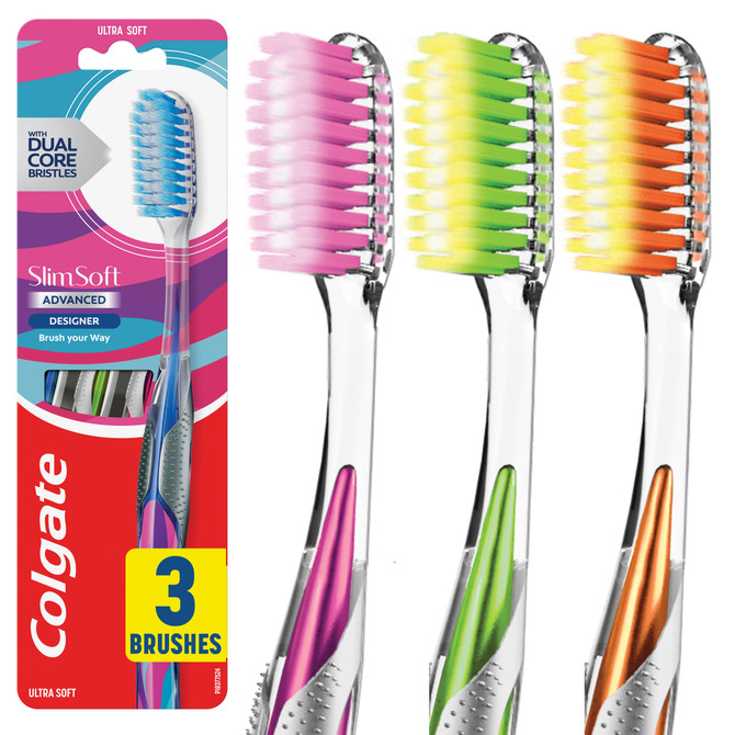 Colgate Slim Soft Advanced Designer Manual Toothbrush, Ultra Soft 3 Pack