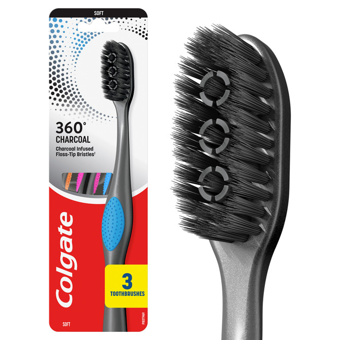 Colgate 360° Charcoal Manual Toothbrush, Soft 3 Pack