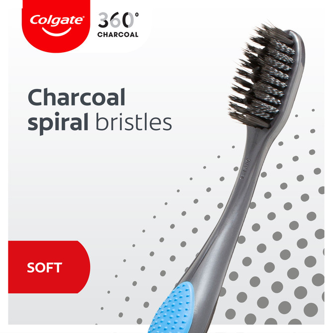 Colgate 360 Charcoal Manual Toothbrush, 3 Pack, Soft Spiral Antibacterial Bristles, Whole Mouth Clean