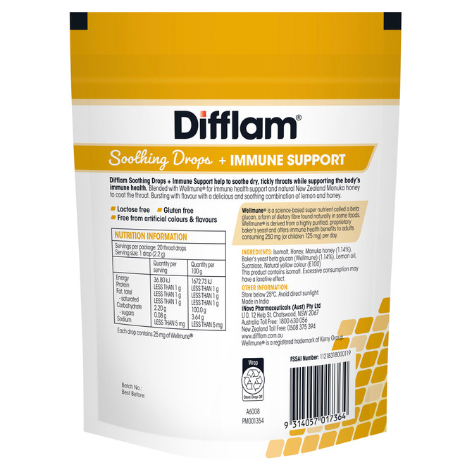 Difflam Soothing Throat Drops + Immune Support Honey & Lemon flavour 20 Drops