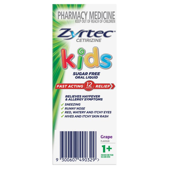 Zyrtec Kids Oral Liquid Sugar Free Cetirizine Antihistamine Allergy Relief Grape Flavour 120mL