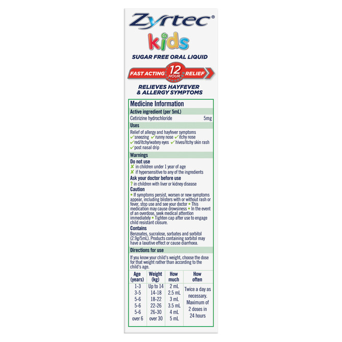 Zyrtec Kids Allergy & Hayfever Relief Antihistamine Grape Liquid 60mL