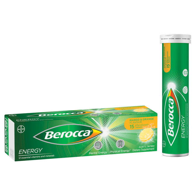 Berocca Energy Vitamin B & C Mango & Orange Flavour Effervescent Tablets 15 Pack