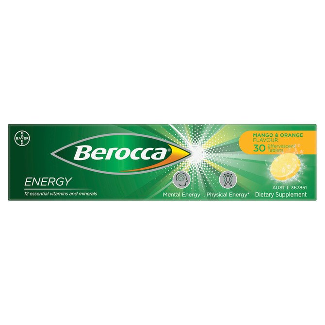 Berocca Energy Vitamin B & C Mango & Orange Flavour Effervescent Tablets 30 Pack