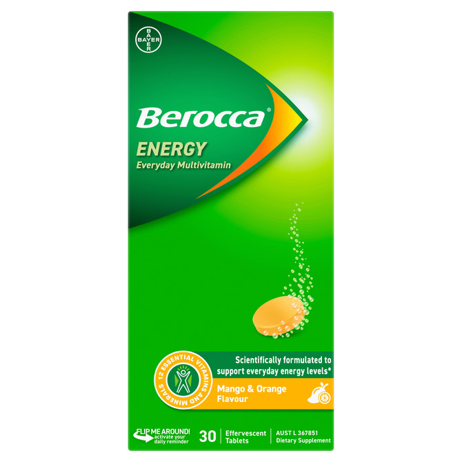 Berocca Energy Vitamin B & C Mango & Orange Flavour Effervescent Tablets 30 Pack