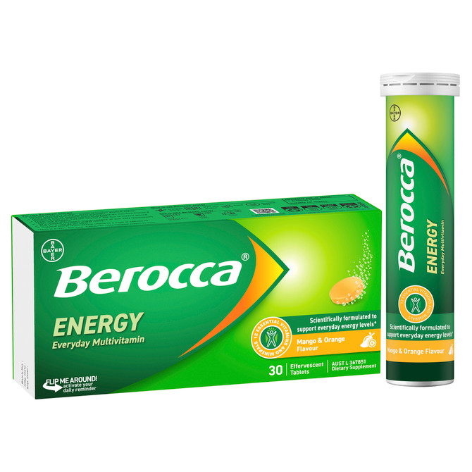 Berocca Energy Vitamin B & C Mango & Orange Flavour Effervescent Tablets 30 Pack