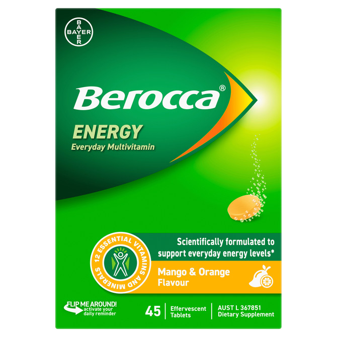 Berocca Energy Vitamin B & C Mango & Orange Flavour Effervescent Tablets 45 Pack
