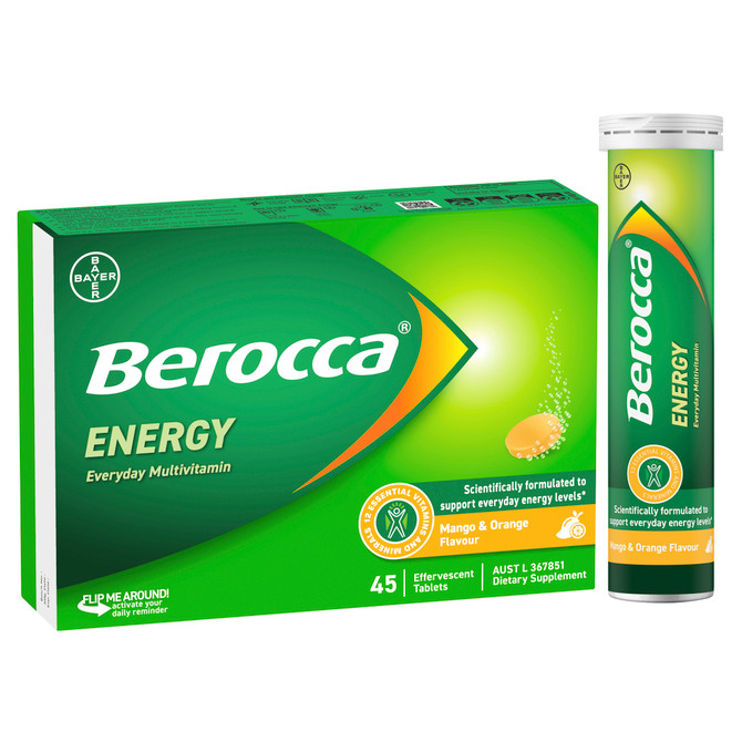 Berocca Energy Vitamin B & C Mango & Orange Flavour Effervescent Tablets 45 Pack