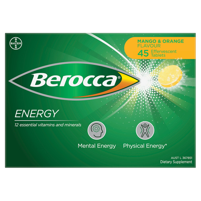 Berocca Energy Vitamin B & C Mango & Orange Flavour Effervescent Tablets 45 Pack