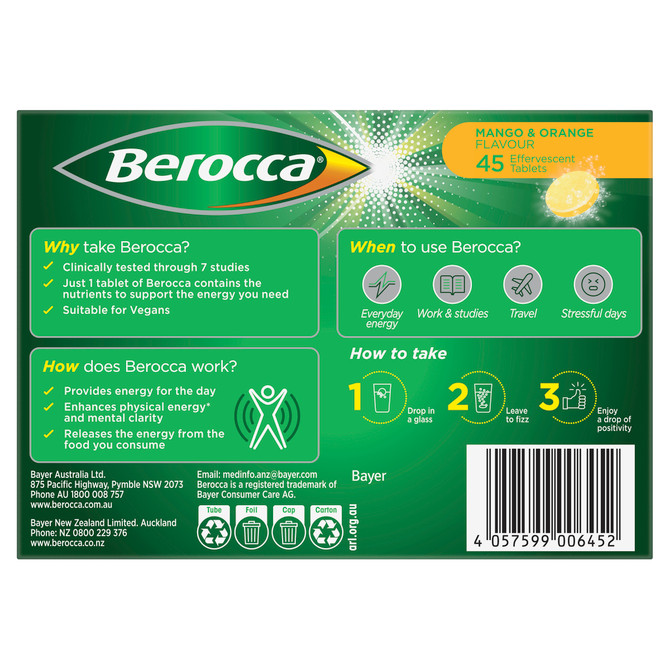 Berocca Energy Vitamin B & C Mango & Orange Flavour Effervescent Tablets 45 Pack