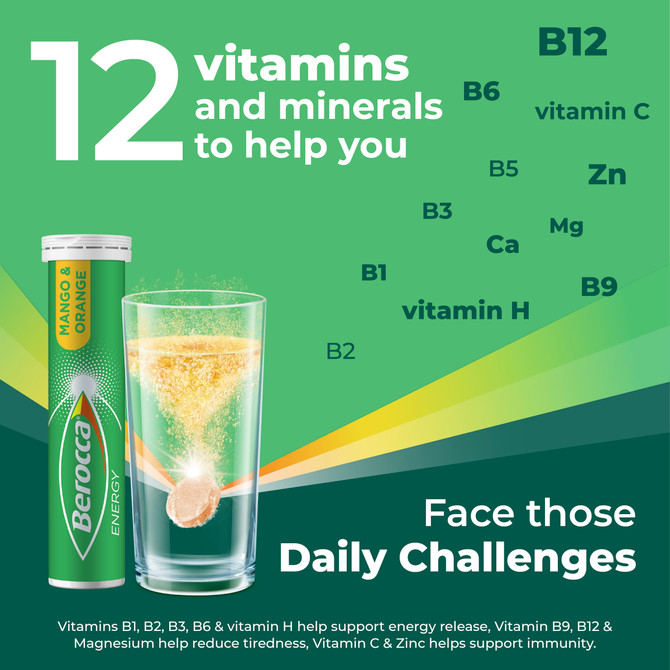 Berocca Energy Vitamin B & C Mango & Orange Flavour Effervescent Tablets 45 Pack