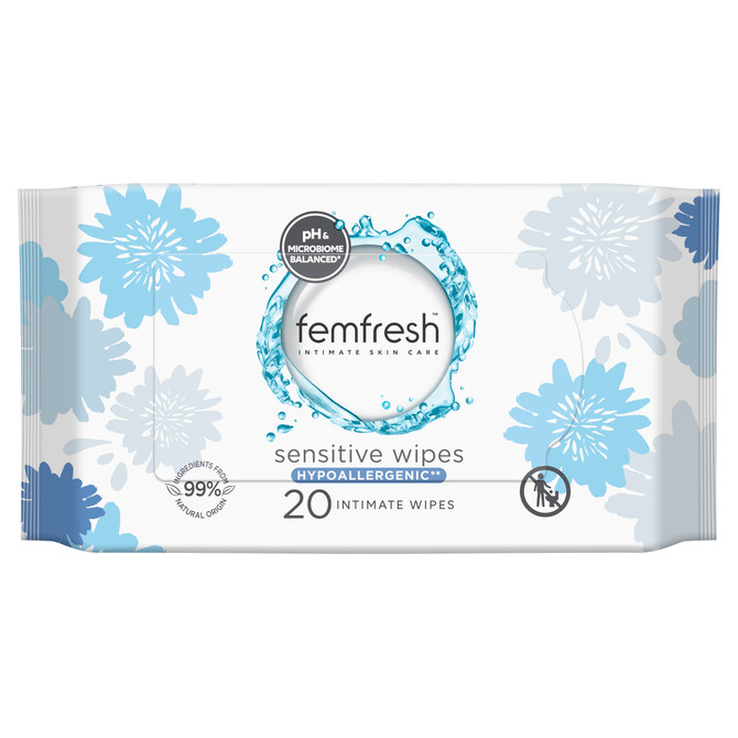 femfresh Sensitive Soap-free Fragrance-free Intimate Wipes for Travel & On-The-Go 20 Pack