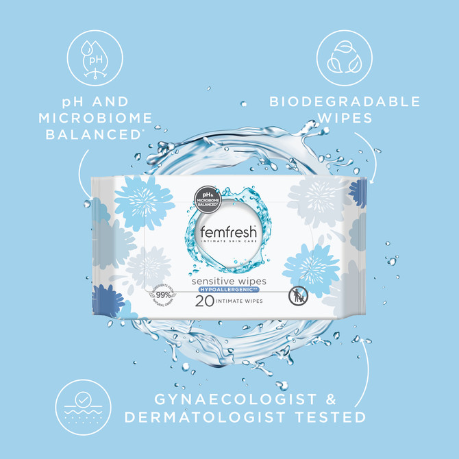 femfresh Sensitive Soap-free Fragrance-free Intimate Wipes for Travel & On-The-Go 20 Pack