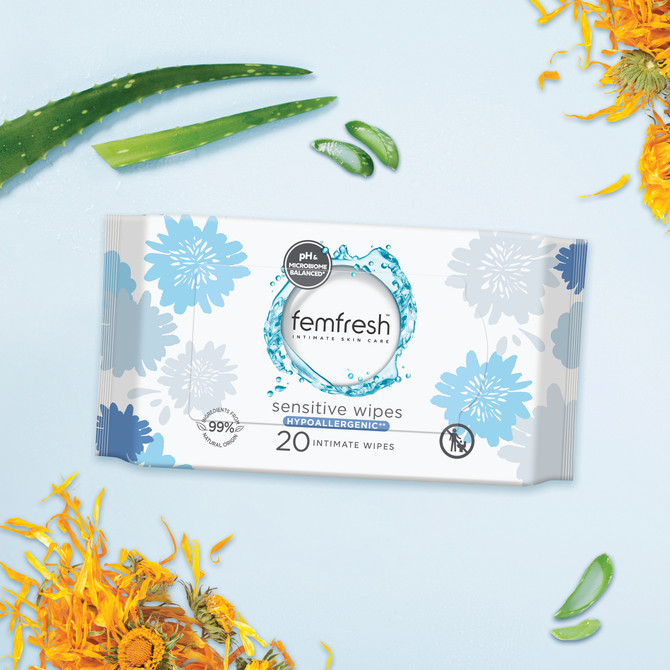 femfresh Sensitive Soap-free Fragrance-free Intimate Wipes for Travel & On-The-Go 20 Pack