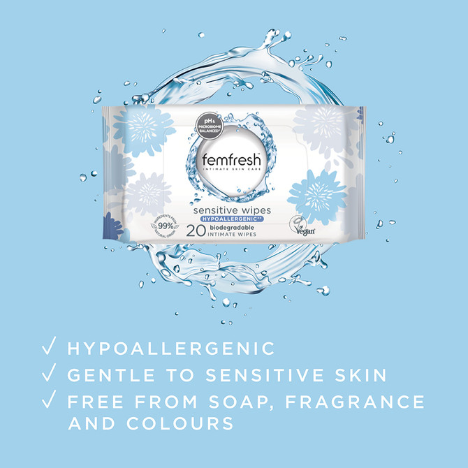 femfresh Sensitive Soap-free Fragrance-free Intimate Wipes for Travel & On-The-Go 20 Pack