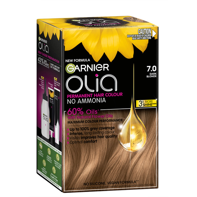 Garnier Olia Permanent Hair Colour, No Ammonia, 60% Oils for no visible damage, 7.0 Dark Blonde