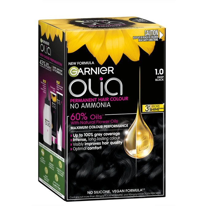 Garnier Olia Permanent Hair Colour, No Ammonia, 60% Oils for no visible damage, 1.0 Deep Black 