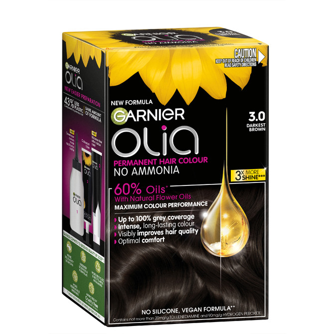 Garnier Olia 3.0 Soft Black Permanent Hair Colour No Ammonia, 60% Oils