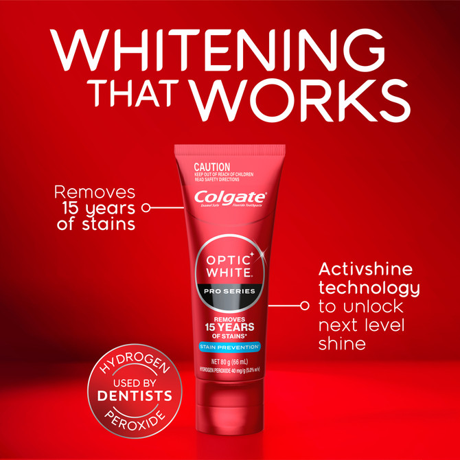 Colgate Optic White Pro Series Stain Prevention Teeth Whitening Toothpaste, 80g, Enamel Safe, with 5% Hydrogen Peroxide