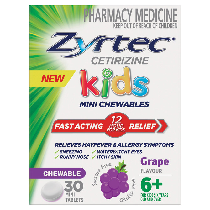 Zyrtec Kids Mini Chewables Cetirizine Antihistamine Allergy Relief Tablets Grape Flavour 30 Pack