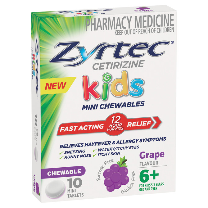 Zyrtec Kids Allergy & Hayfever Relief Antihistamine Grape Chewable Tablets 10 Pack