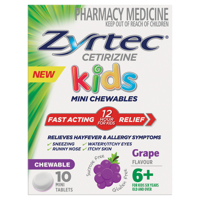 Zyrtec Kids Allergy & Hayfever Relief Antihistamine Grape Chewable Tablets 10 Pack