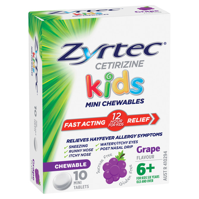 Zyrtec Kids Allergy & Hayfever Relief Antihistamine Grape Chewable Tablets 10 Pack