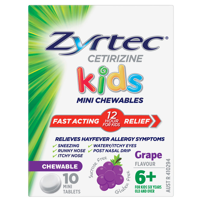 Zyrtec Kids Allergy & Hayfever Relief Antihistamine Grape Chewable Tablets 10 Pack