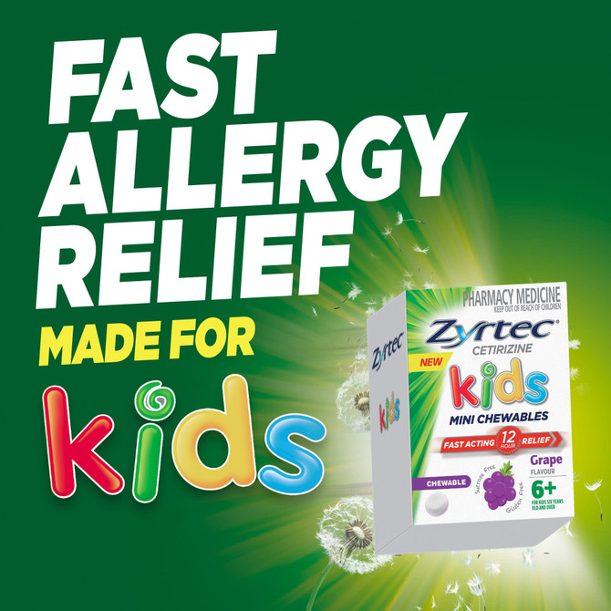 Zyrtec Kids Allergy & Hayfever Relief Antihistamine Grape Chewable Tablets 10 Pack