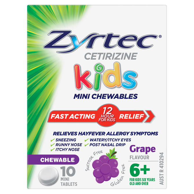 Zyrtec Kids Allergy & Hayfever Relief Antihistamine Grape Chewable Tablets 10 Pack