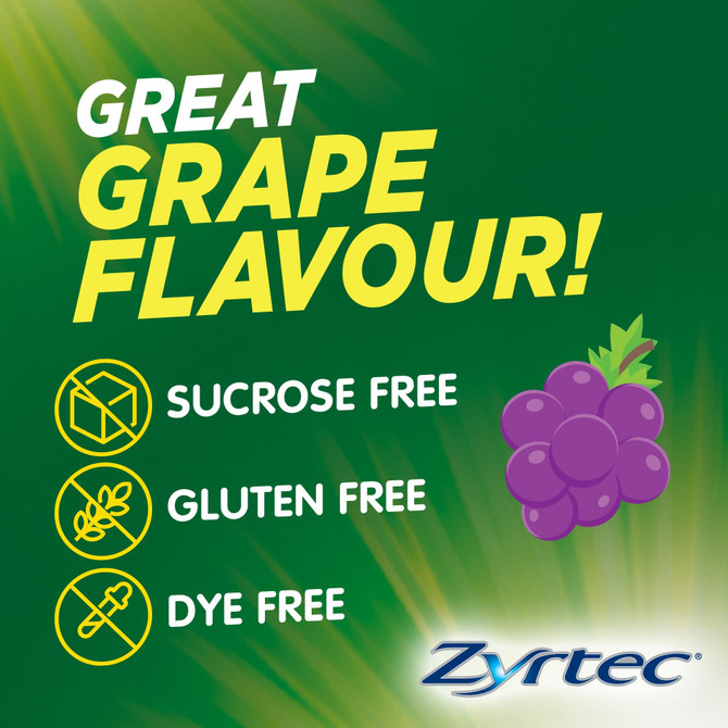 Zyrtec Kids Allergy & Hayfever Relief Antihistamine Grape Chewable Tablets 10 Pack