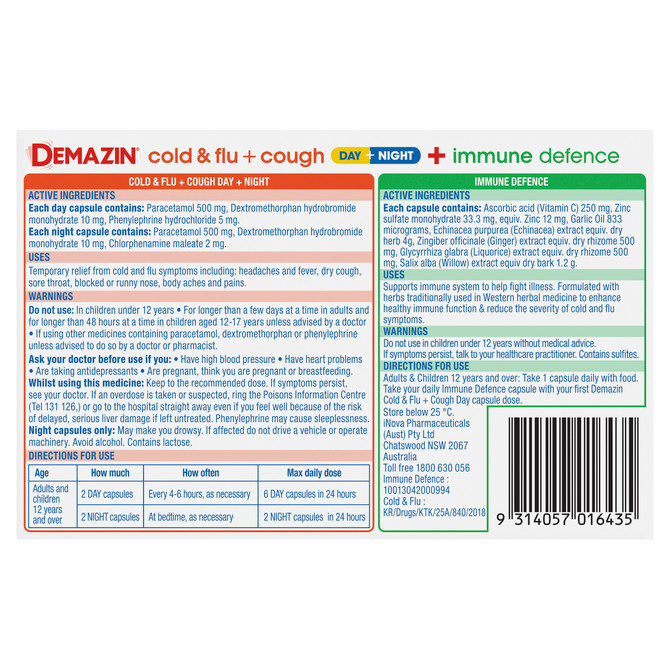 Demazin Ultra Cold & Flu + Cough + Immune Defence 34 Capsules