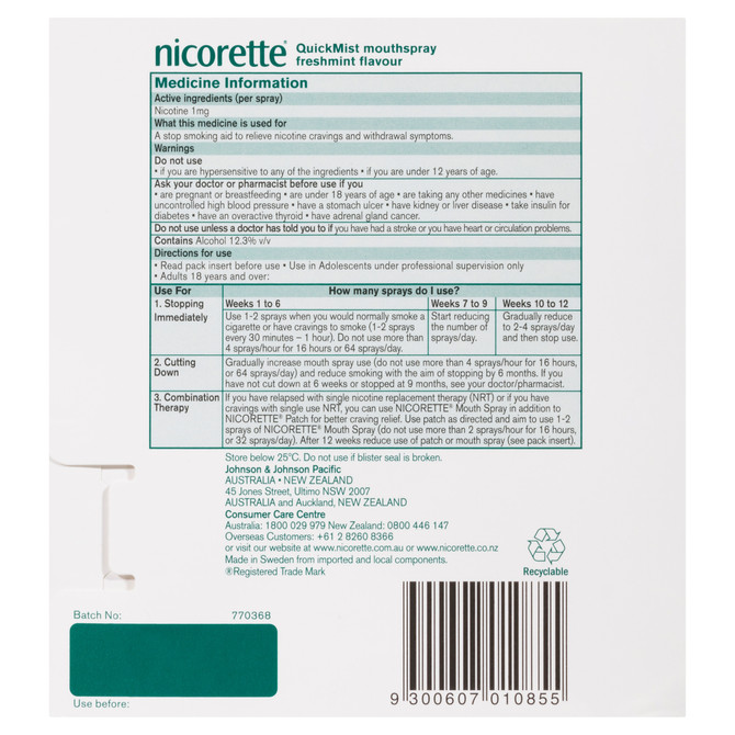 Nicorette Quit Smoking & Vaping QuickMist Nicotine Mouth Spray Freshmint (2 x 150 Sprays)