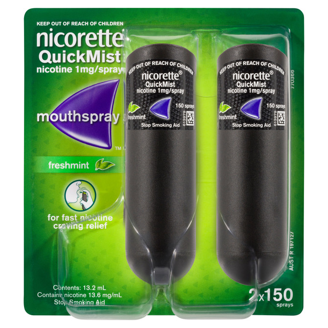 Nicorette Stop Smoking  & Vaping Aid QuickMist Nicotine Mouthspray 1mg Freshmint –  (2 x 150 Sprays)