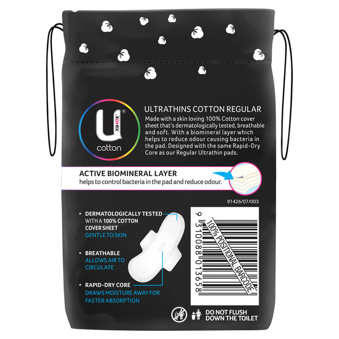 U by Kotex Cotton Ultrathin Pads Regular with Wings 12 Pack