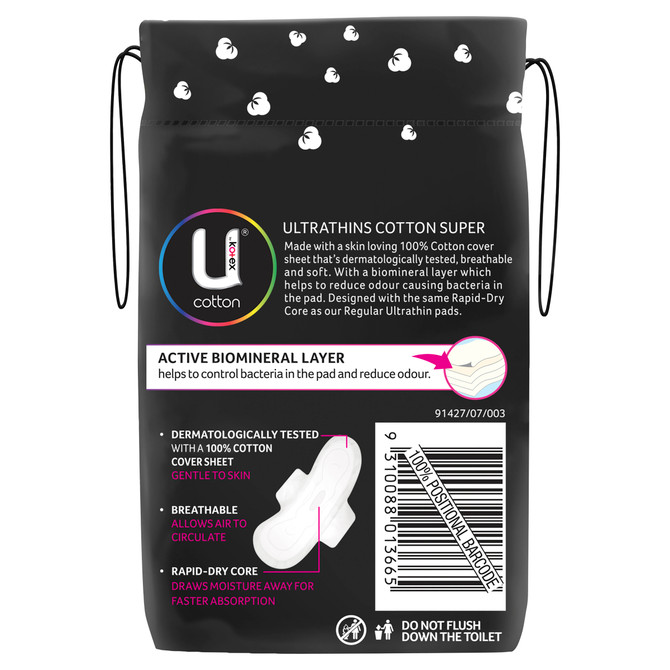 U by Kotex Cotton Ultrathin Pads Super with Wings 10 Pack