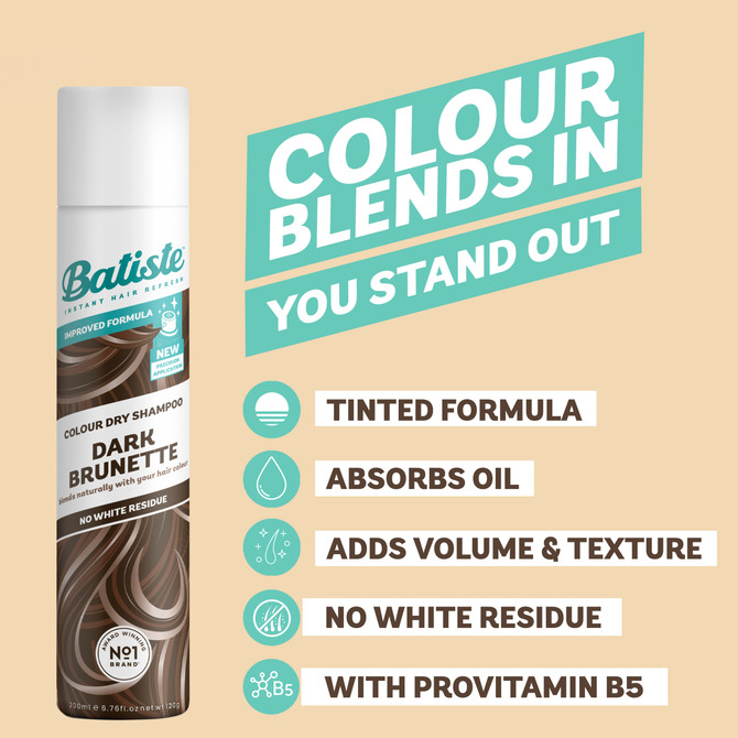 Batiste Dark Brunette Dry Shampoo |Peach & Vanilla Praline Fragrance | Tinted Formula |No white residue | 200mL