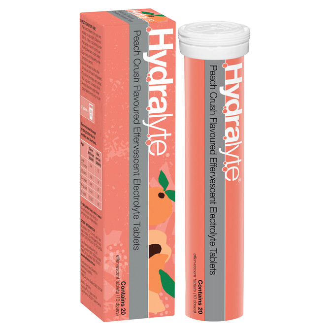 Hydralyte Effervescent Electrolyte Tablets Peach Crush Flavoured 20 Tablets