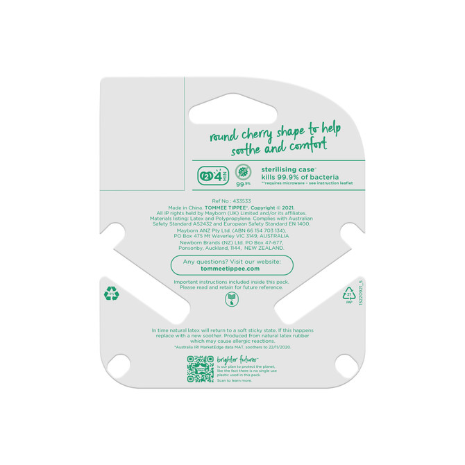 Tommee Tippee Cherry Latex Soother, 6-18 months, pack of 2 soothers with 100% natural latex baglet