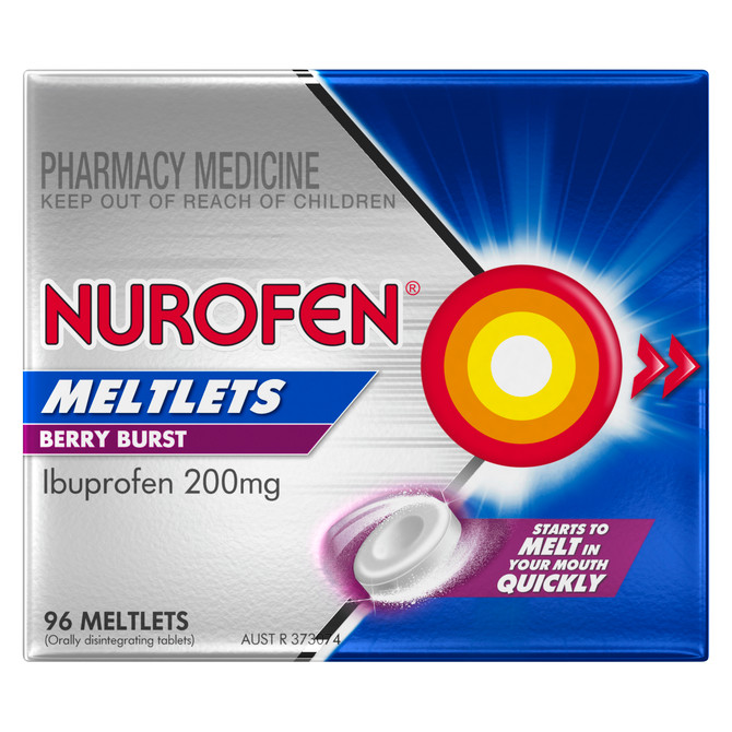 Nurofen Meltlets Pain Relief Berry Burst 200mg Ibuprofen 96 Value Pack