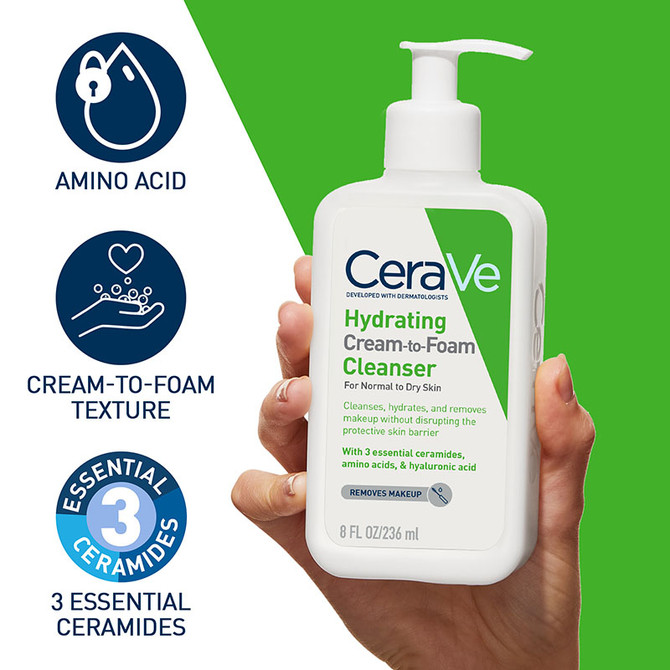 CeraVe Hydrating Cream-to-Foam Cleanser 236ml, with Ceramides