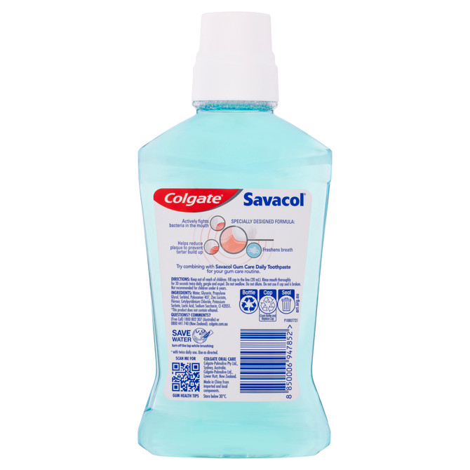 Colgate Savacol Gum Care Daily Mouth Rinse, 500mL, Alcohol Free, Refreshing Mint