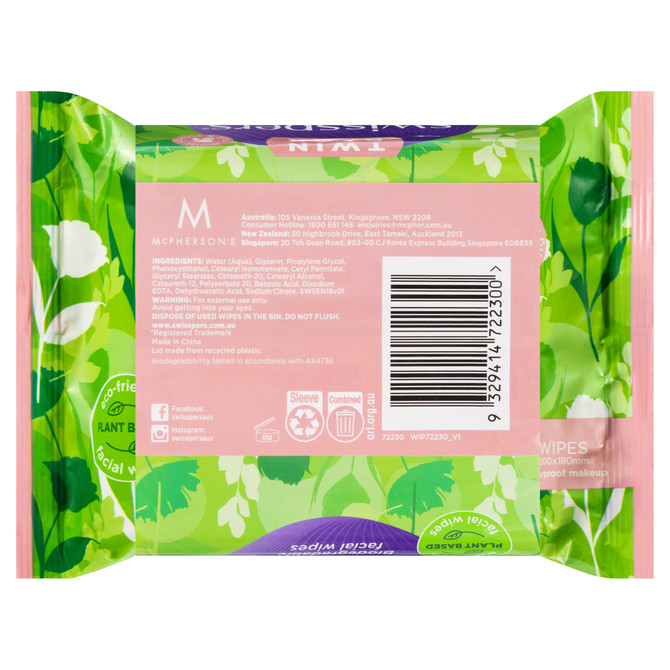 Swisspers Eco Sensitive Biodegradable Facial Wipes Twin 2x25 pack