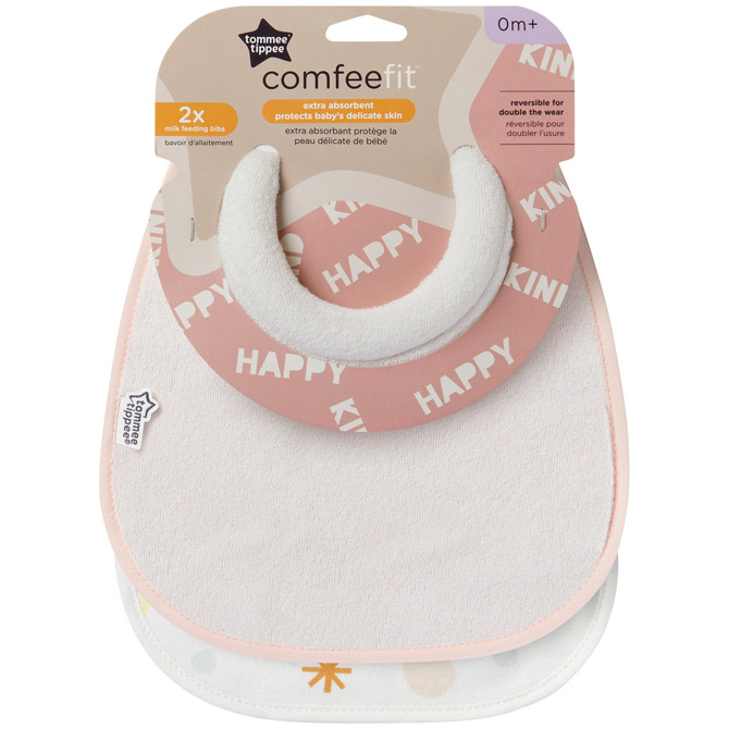 Tommee Tippee Milk Feeding Bibs, Comfeefit, Super Soft and Extra Absorbent, Adjustable and Reversible, Pack of 2, Colours and Designs Vary
