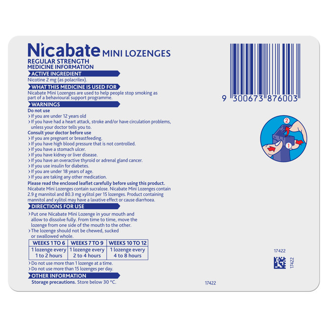 Nicabate Mini Lozenge Quit Smoking Nicotine 2 mg Regular Strength Mint 60 Pack
