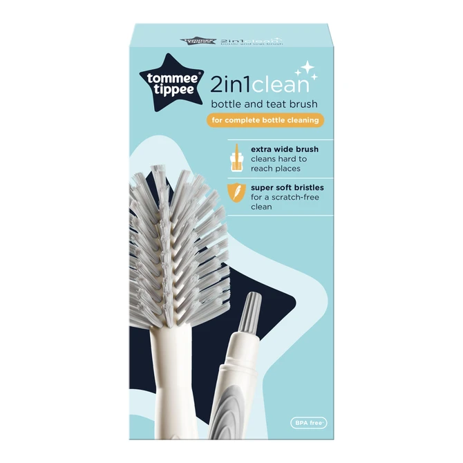 Tommee Tippee 2in1Clean Bottle and Teat Brush, Extra Wide, Soft Yet Durable Nylon Bristles for Scratch-Free Clean, Easy-Grip Handle with Teat Cleaner Inside