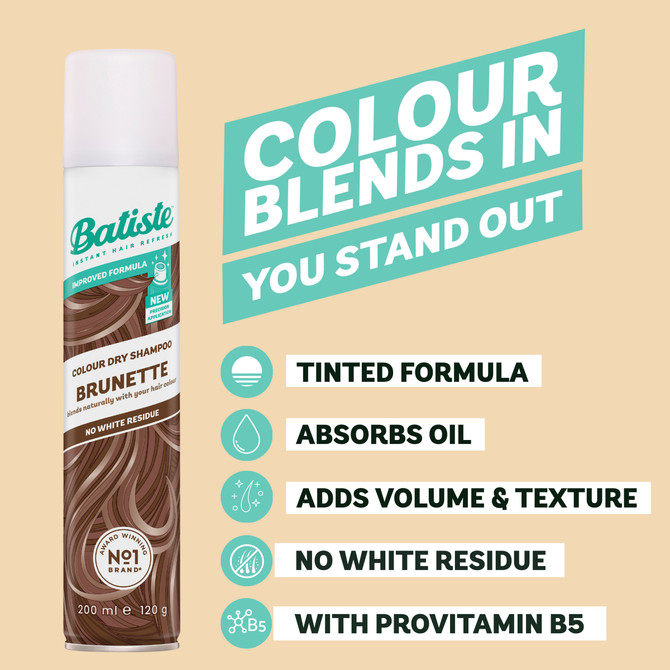 Batiste Brunette Dry Shampoo |Peach & Vanilla Praline Fragrance | Tinted Formula |No white residue | 350mL
