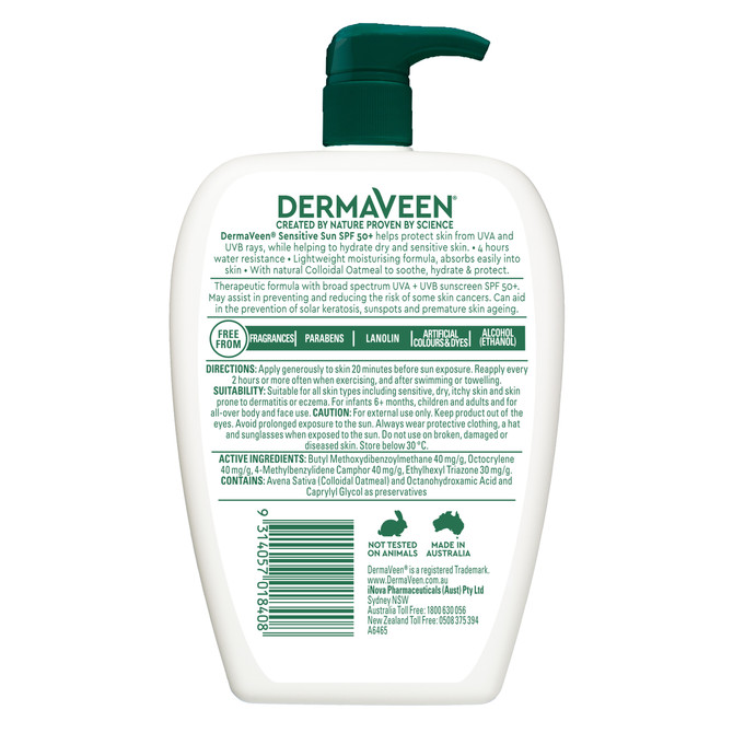 DermaVeen Sensitive Sun SPF 50+ Moisturising UVB + UVA Sunscreen Face & Body Cream Pump Pack 500g