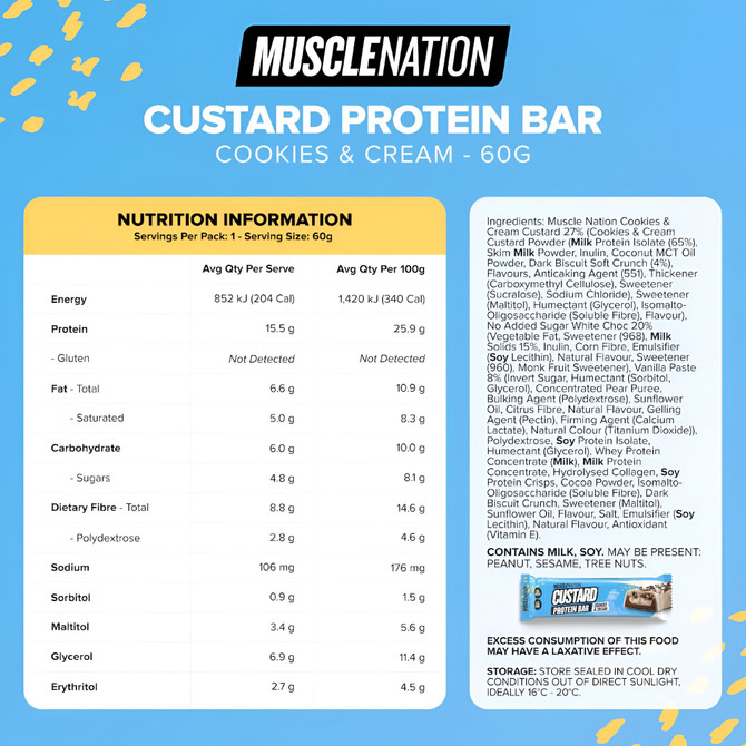 Muscle Nation Cookies & Cream Custard Protein Bar 60g